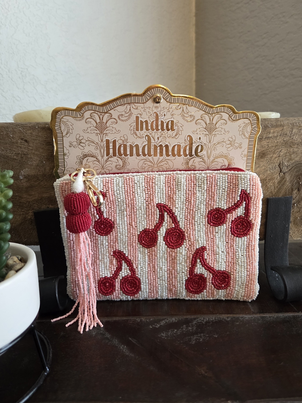 India Boutique Pink Beaded Wristlet with Red Cherry Motif
